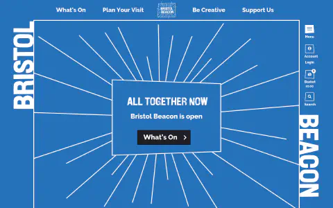 White lines burst out from a light blue background surrounding the text &lsquo;All together now - The Bristol Beacon is open&rsquo;